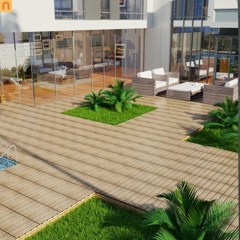 Outdoor Deck Tiles WPC Teak Interlocking 11.8x11.8in 11 Piece