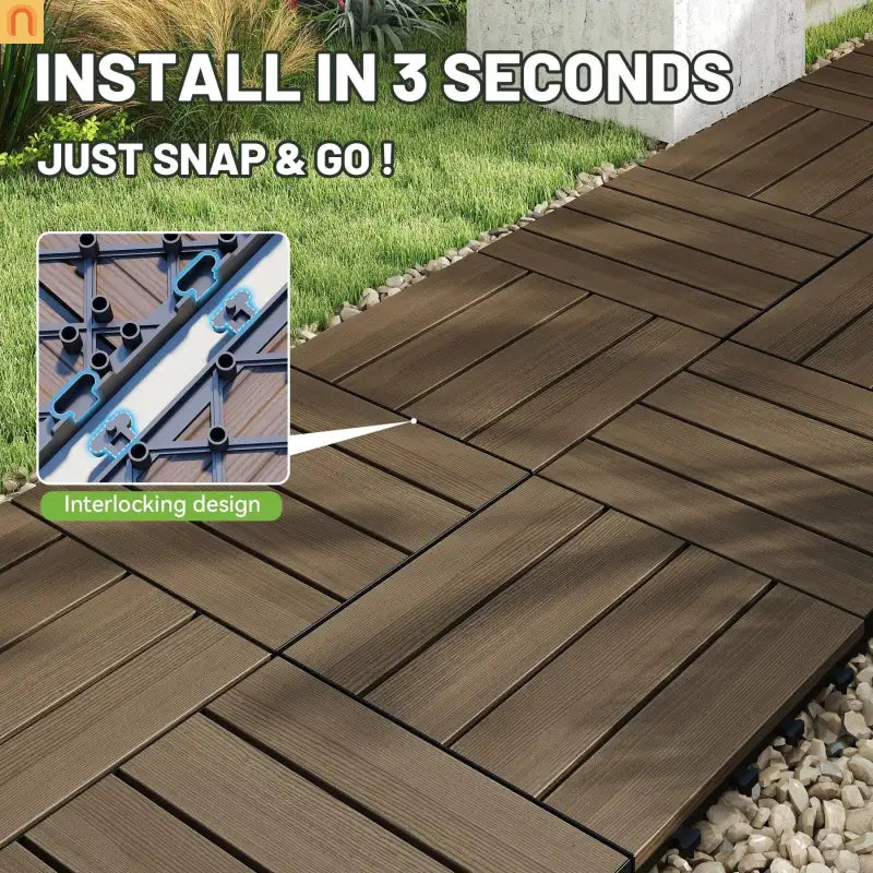 Outdoor Deck Tiles HDPE Dark Brown Interlocking 12x12in 27 Piece