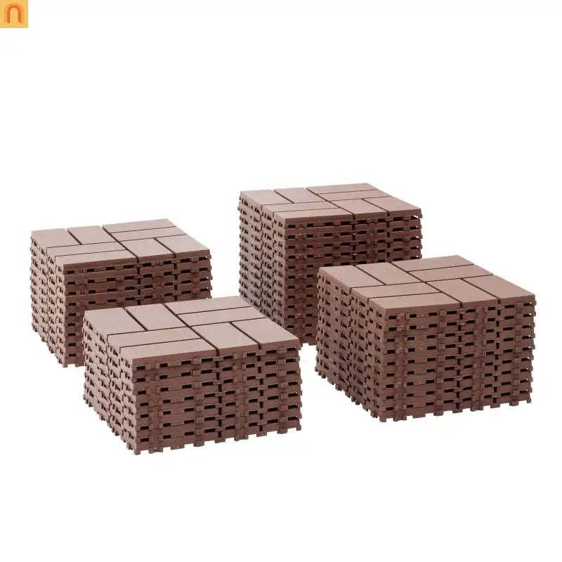 Outdoor Deck Tiles Interlocking PP Plastic Brown Checkered 12x12 in 44 Pack