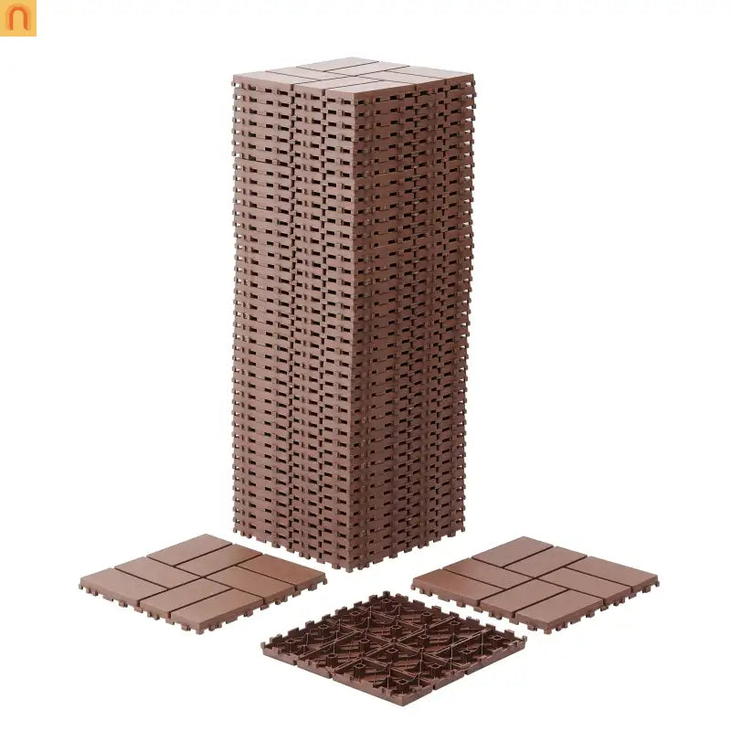 Outdoor Deck Tiles Interlocking PP Plastic Brown Checkered 12x12 in 44 Pack