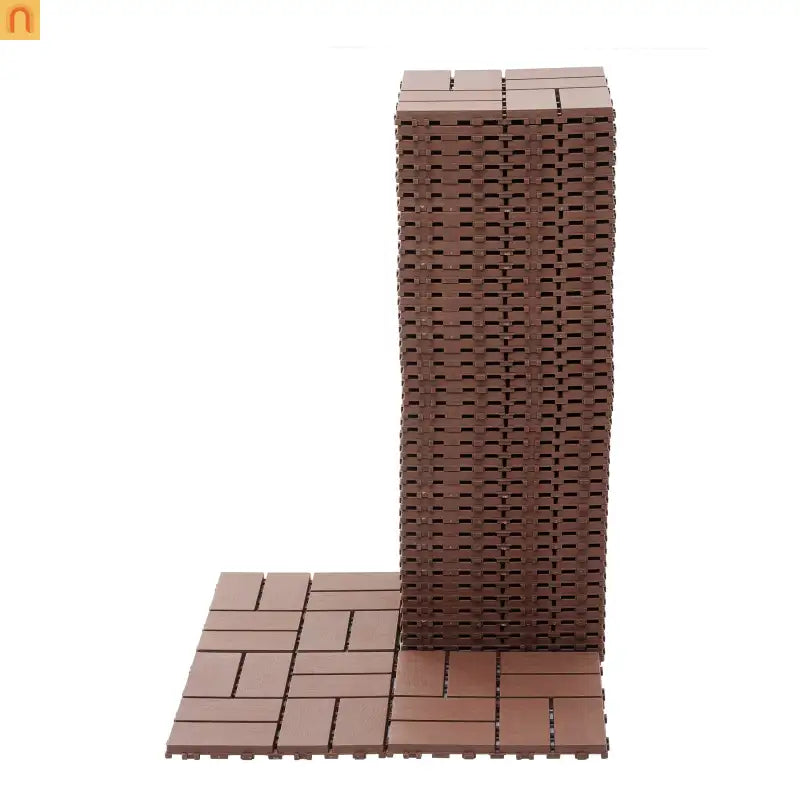 Outdoor Deck Tiles Interlocking PP Plastic Brown Checkered 12x12 in 44 Pack