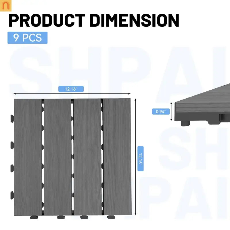 Outdoor Deck Tiles HDPE Dark Gray Interlocking 12x12in 9 Piece