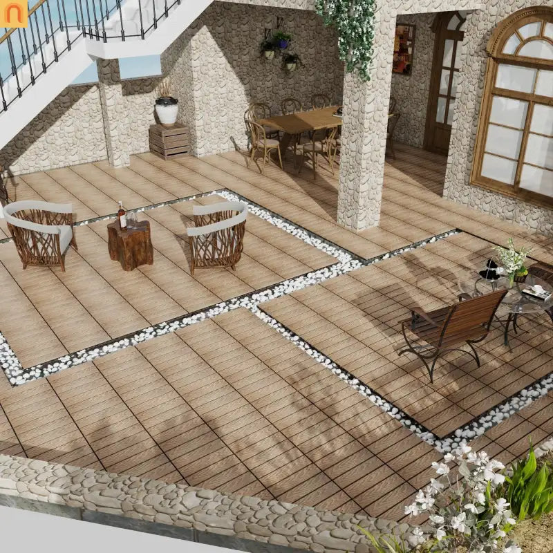 Outdoor Deck Tiles WPC Teak 3D Finish 11.8in Pack of 22