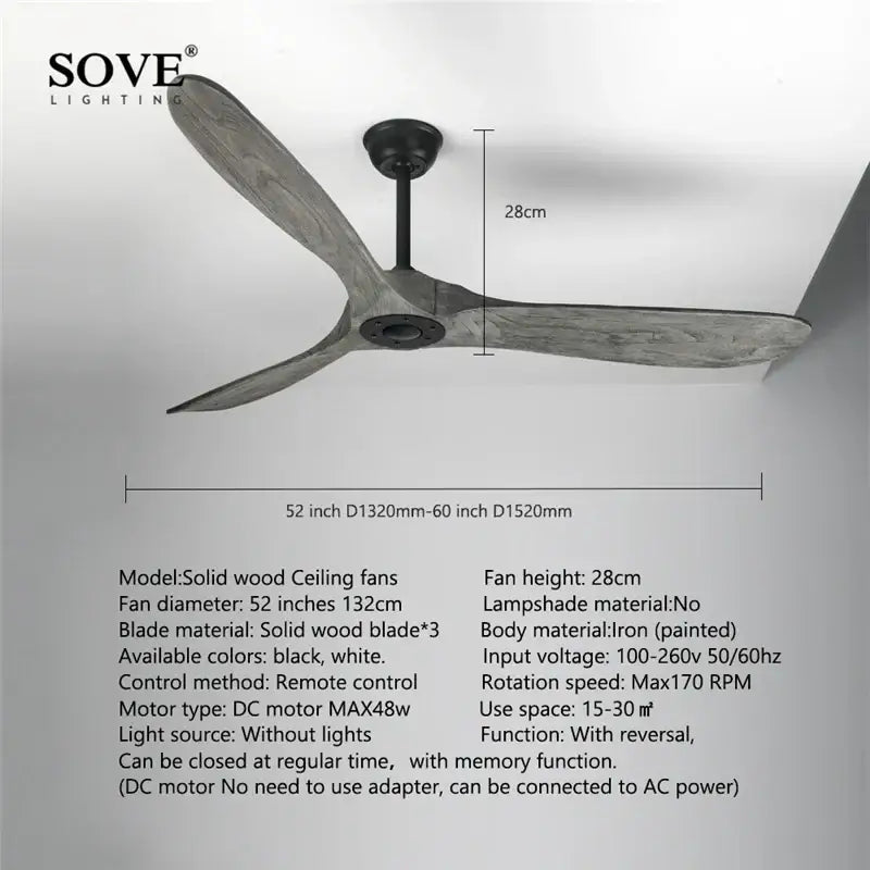 DecorBites™ 60" Solid Wood DC Ceiling Fan with Remote Control
