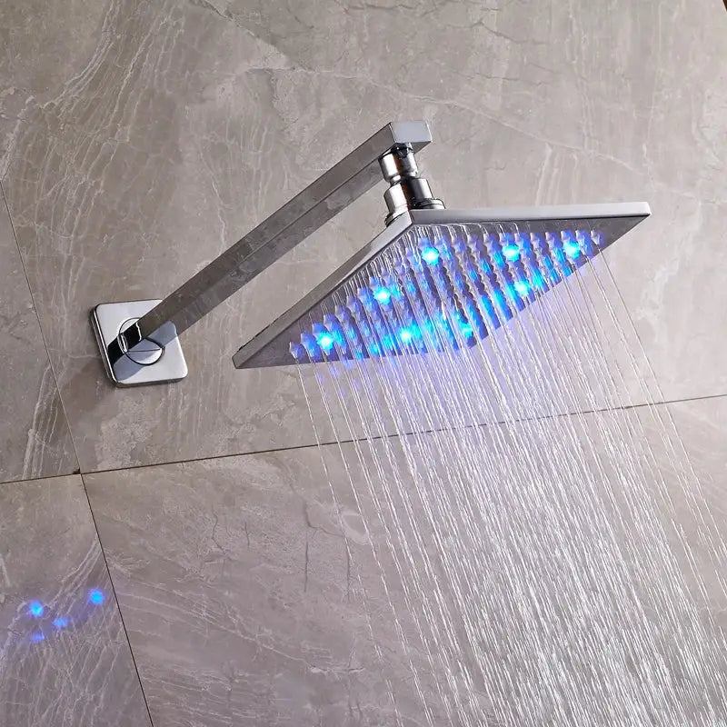 DecorBites™ 8" Brass Square LED Rainfall Shower Head with Wall Mount Arm Pipe