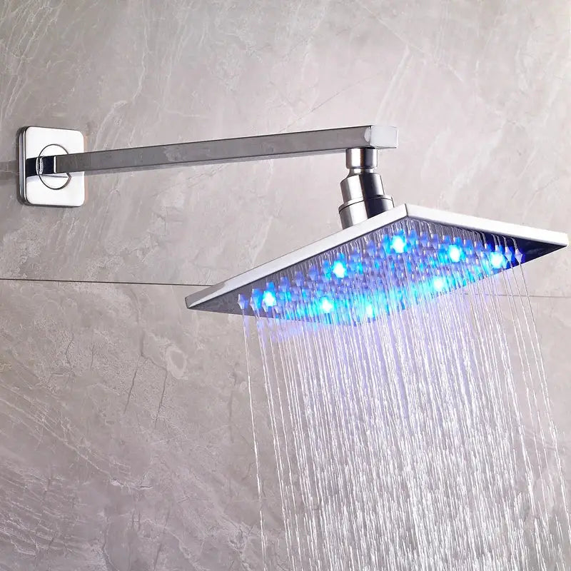 DecorBites™ 8" Brass Square LED Rainfall Shower Head with Wall Mount Arm Pipe