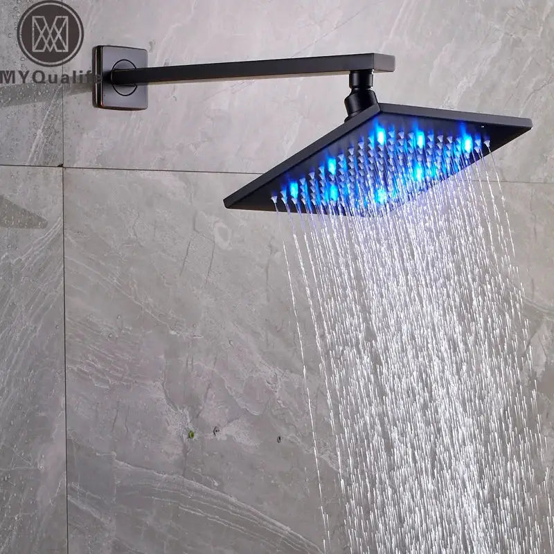 DecorBites™ 8" Brass Square LED Rainfall Shower Head with Wall Mount Arm Pipe