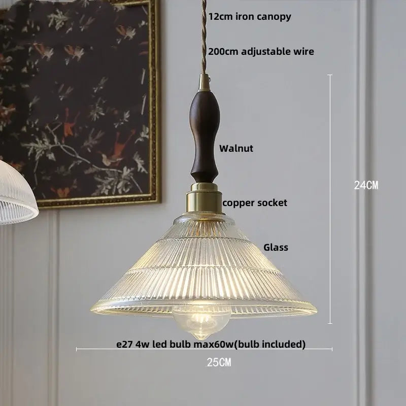Walnut and amber glass led pendant lamp dining room hanging light