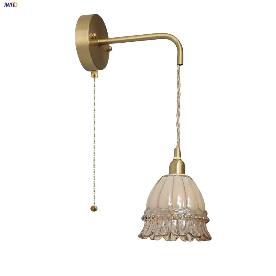DecorBites™ Amber Glass LED Wall Light Pull Chain Switch Modern Flower Sconce