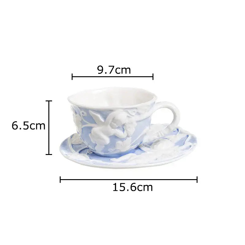 Pink and white angel figures relief ceramic teacup dining room set