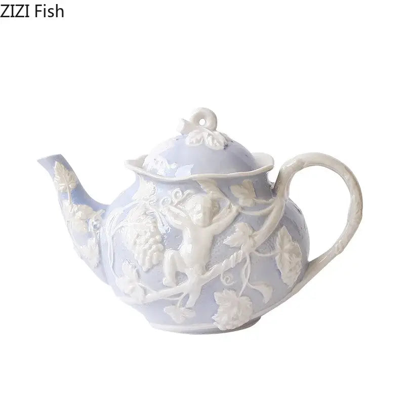 Pink and white angel figures relief ceramic teacup dining room set