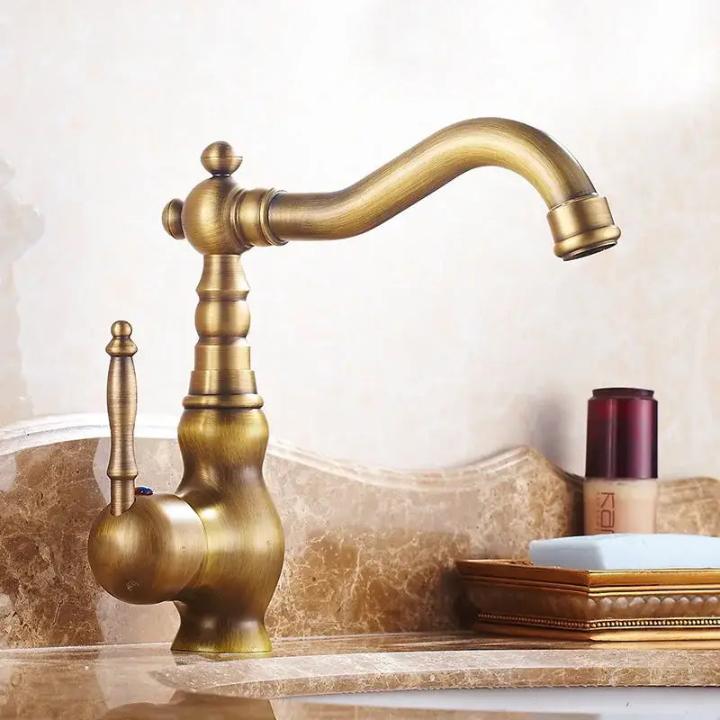 DecorBites™ Antique Brass Ceramic Handle Basin Faucet, Deck Mounted Kitchen Sink Mixer Tap