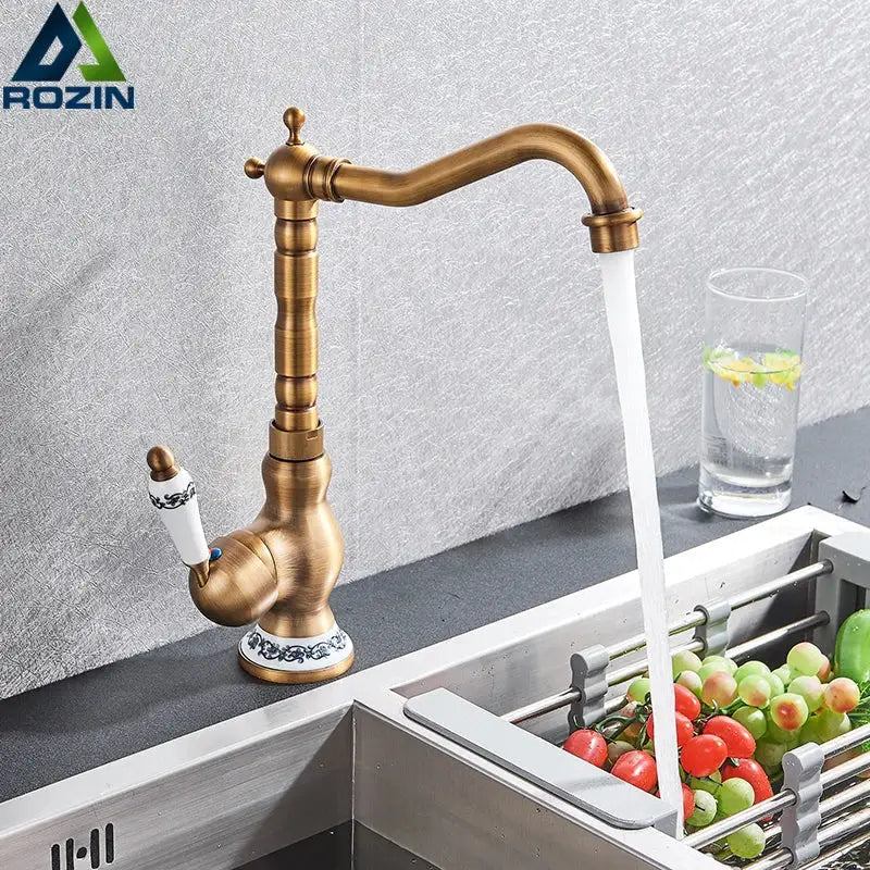 DecorBites™ Antique Brass Ceramic Handle Basin Faucet, Deck Mounted Kitchen Sink Mixer Tap