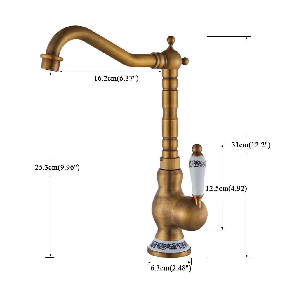 DecorBites™ Antique Brass Ceramic Handle Basin Faucet, Deck Mounted Kitchen Sink Mixer Tap