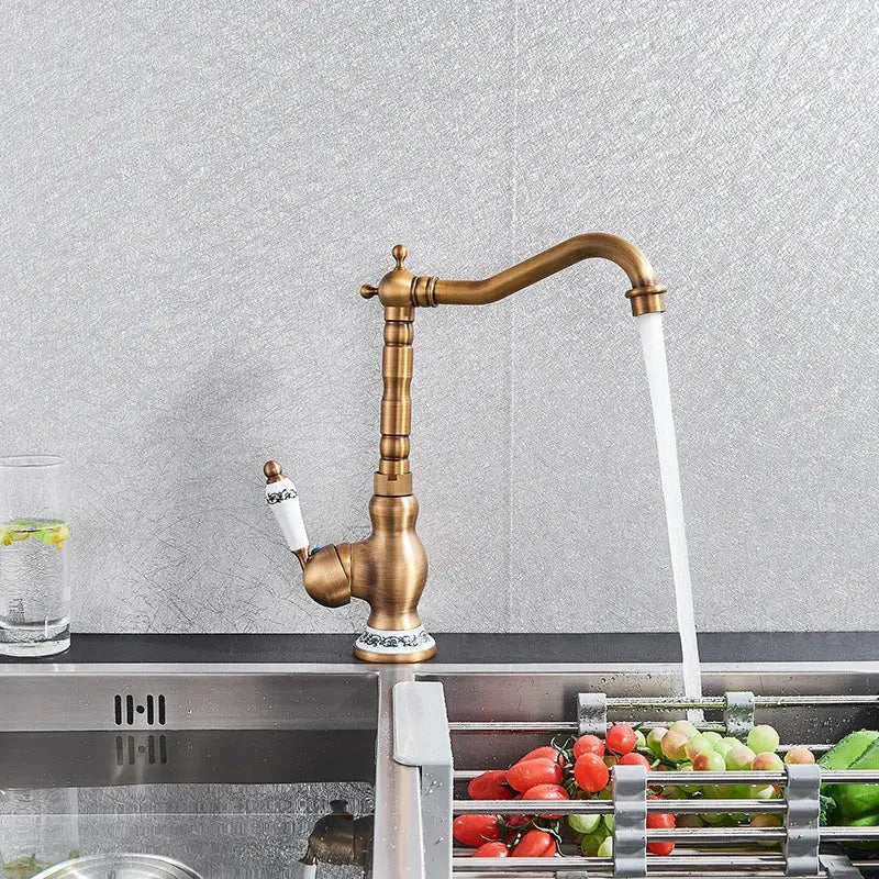 DecorBites™ Antique Brass Ceramic Handle Basin Faucet, Deck Mounted Kitchen Sink Mixer Tap