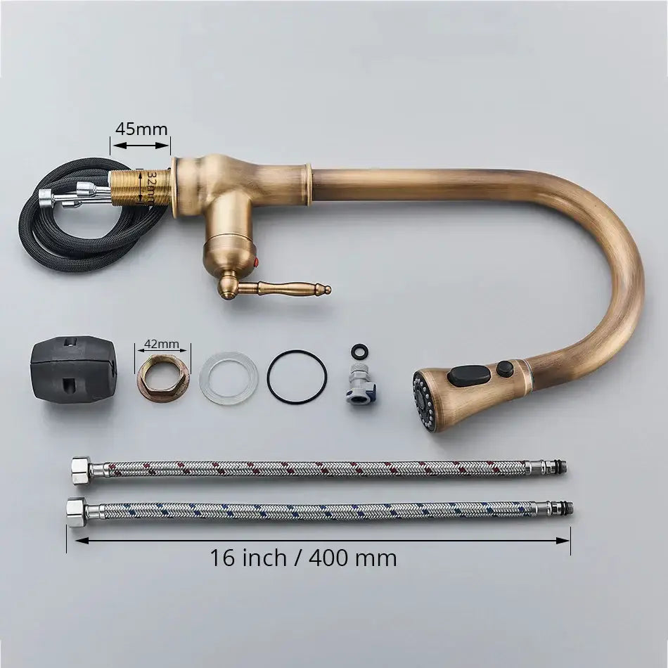 DecorBites™ Antique Brass Kitchen Faucet Pull Out Single Handle Mixer Tap 360 Rotation