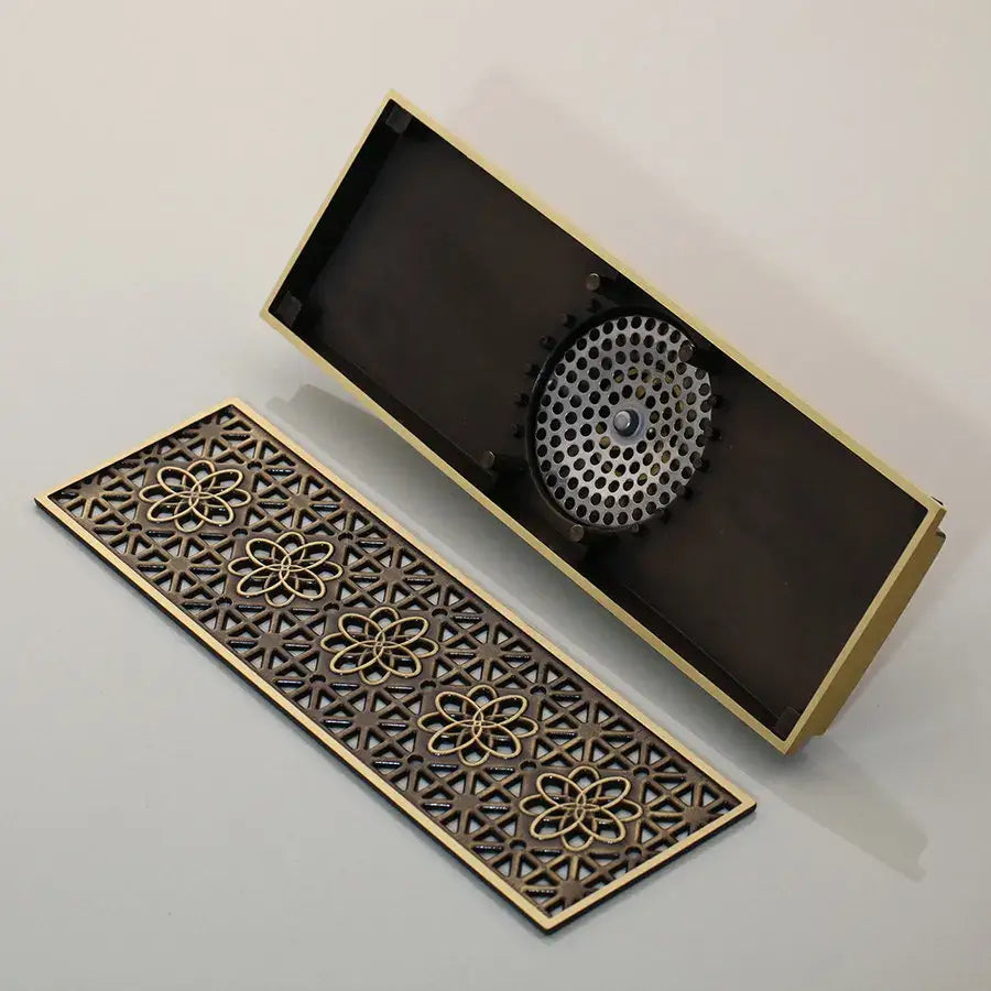 DecorBites™ Antique Brass Rectangle Bathroom Floor Drain Strainer - Deodorization Linear Design