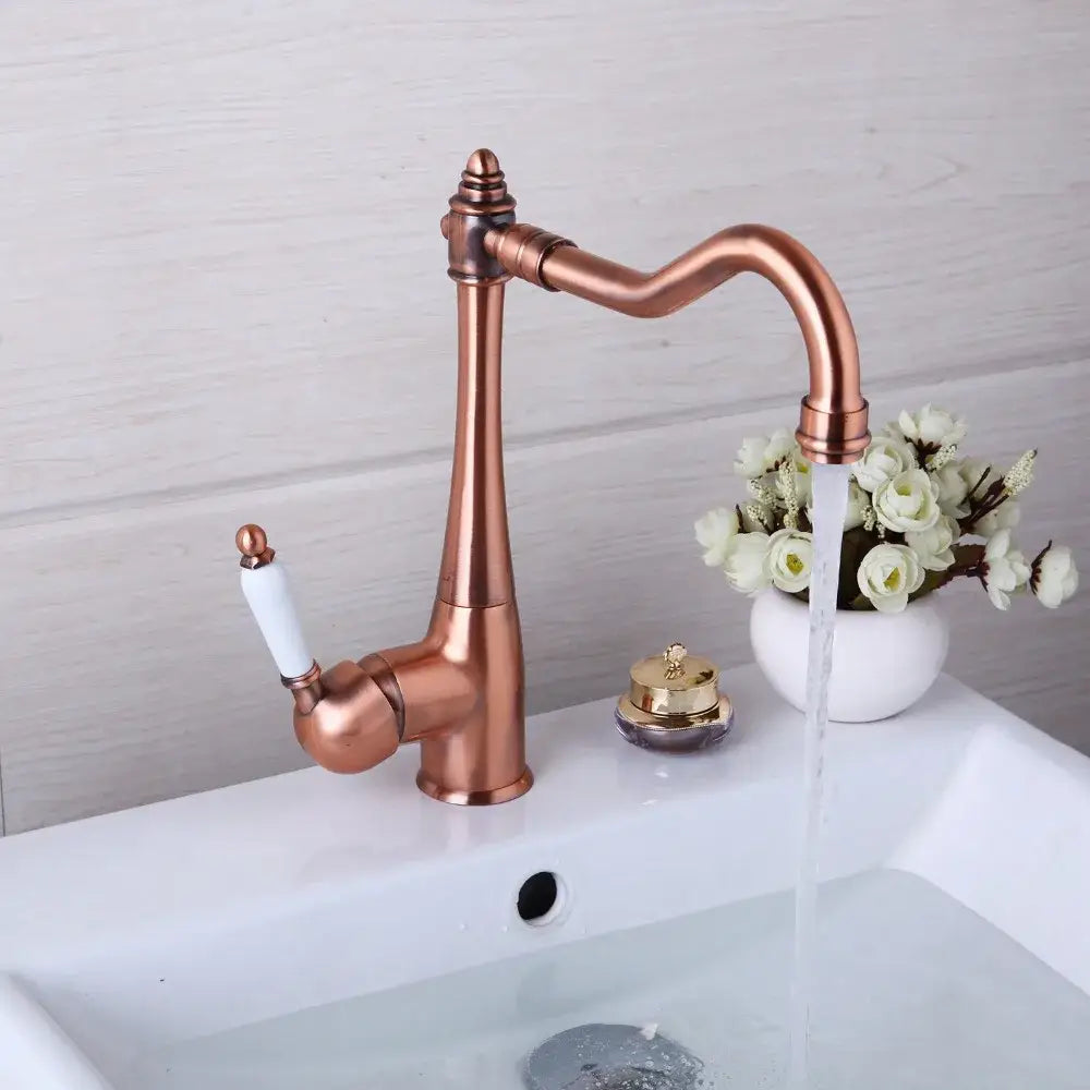 DecorBites™ Antique Copper Kitchen Basin Mixer Tap with Ceramic Handle