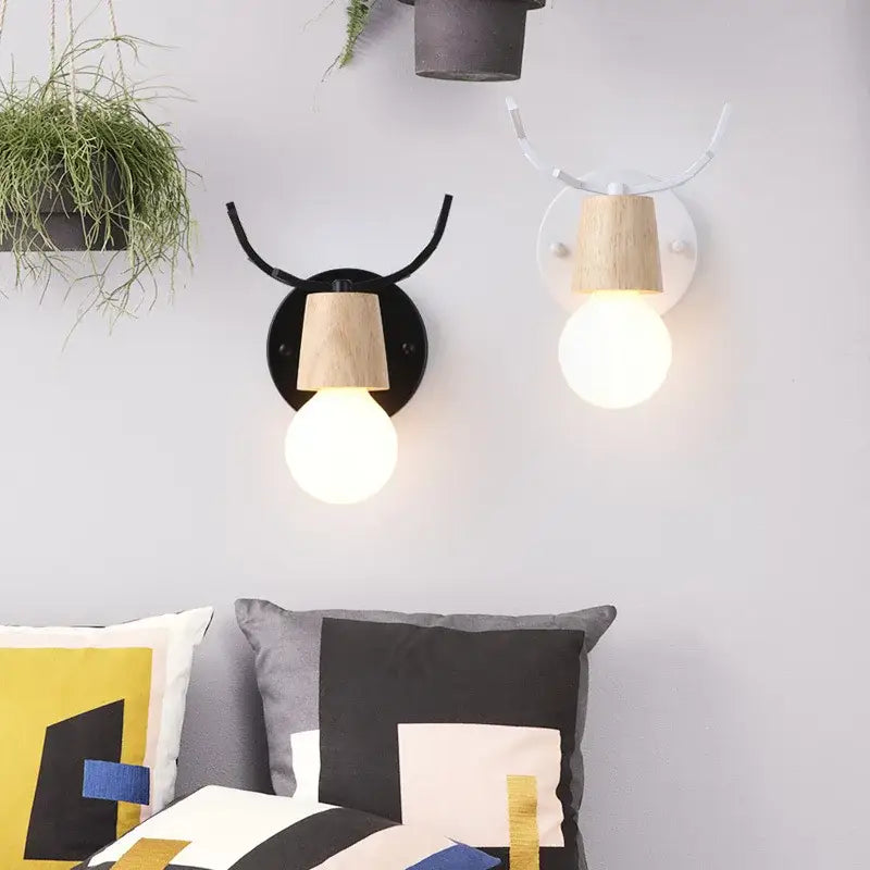 Vintage black & light wood antler wall sconce bedroom light