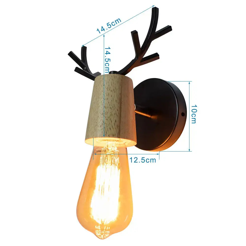 Vintage black & light wood antler wall sconce bedroom light