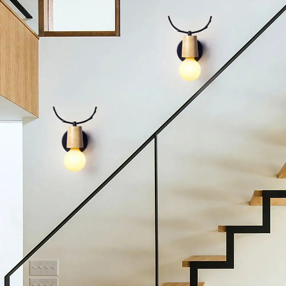 Vintage black & light wood antler wall sconce bedroom light