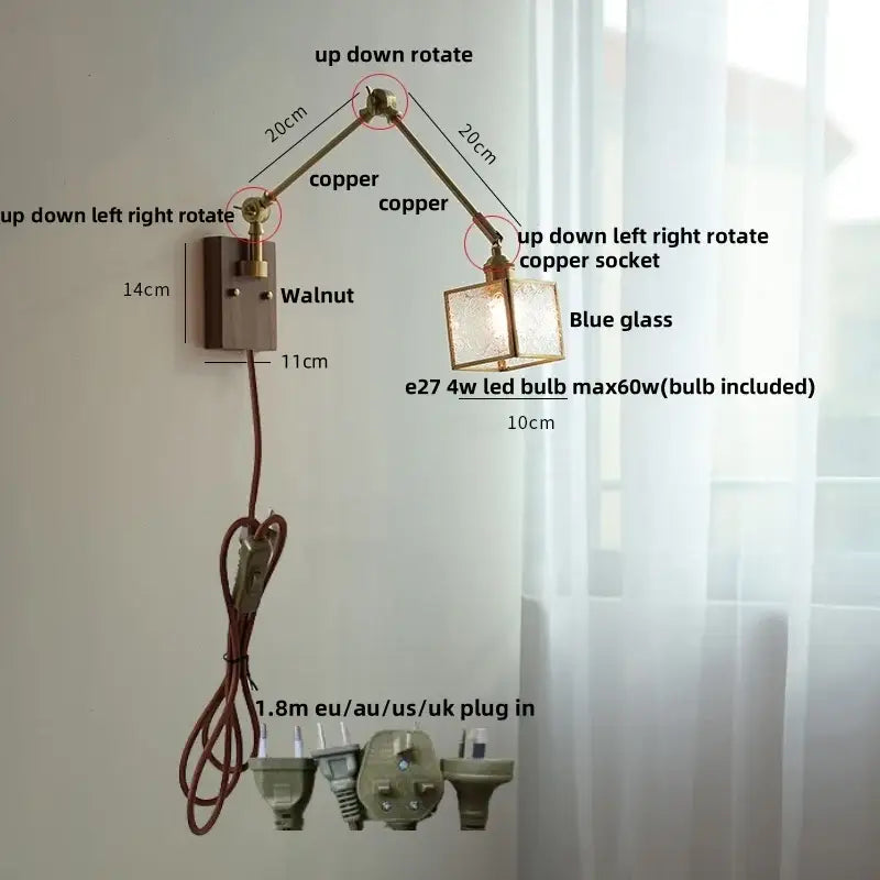 DecorBites™ Ash Wood LED Swing Arm Wall Light with Pull Chain Switch & Blue Glass