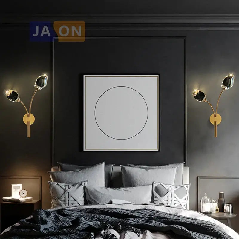 Black & gold crystal led wall sconce light for bedroom