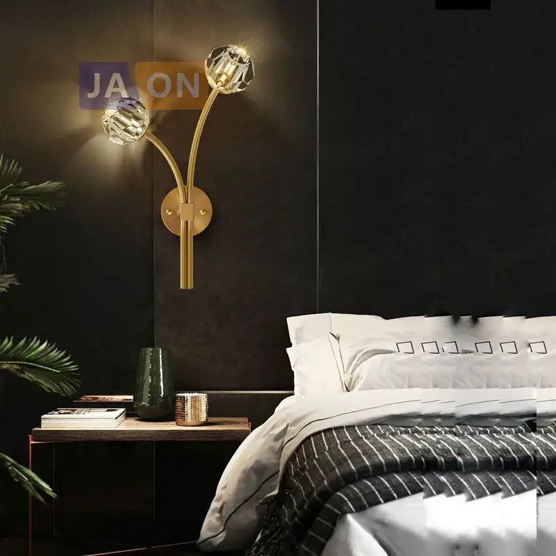 Black & gold crystal led wall sconce light for bedroom