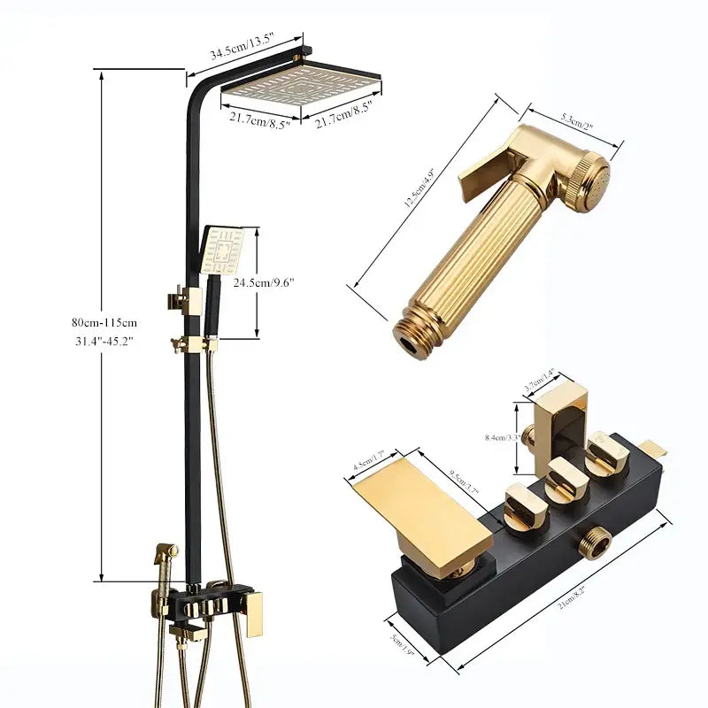 DecorBites™ Black Gold Shower Faucet Set with Bidet Function, Wall Mounted Rainfall Mixer