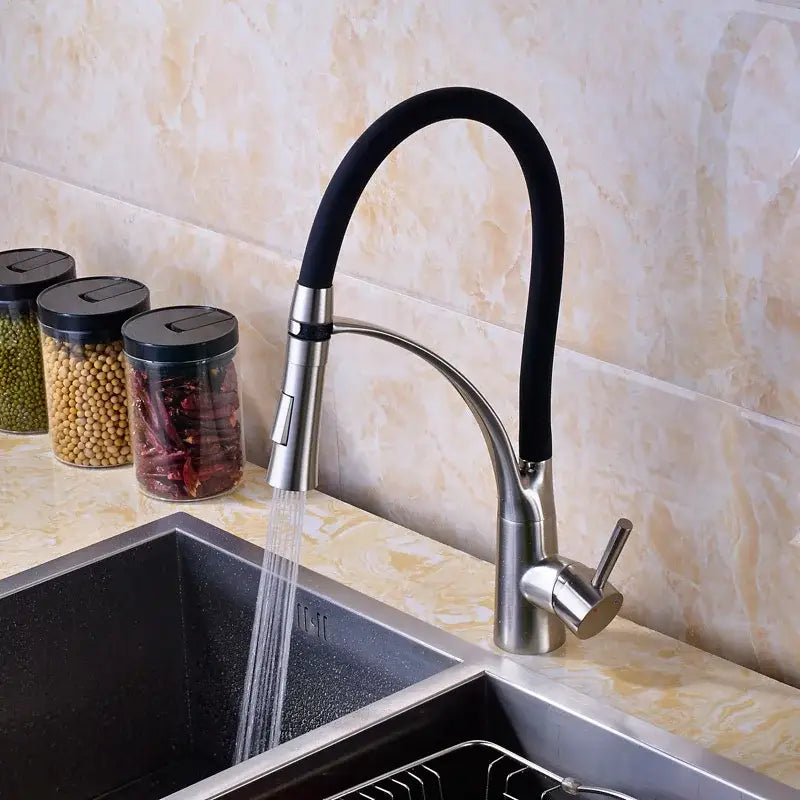 DecorBites™ Black Hose Kitchen Mixer Tap with Single Handle Stream Sprayer, Chrome Finish