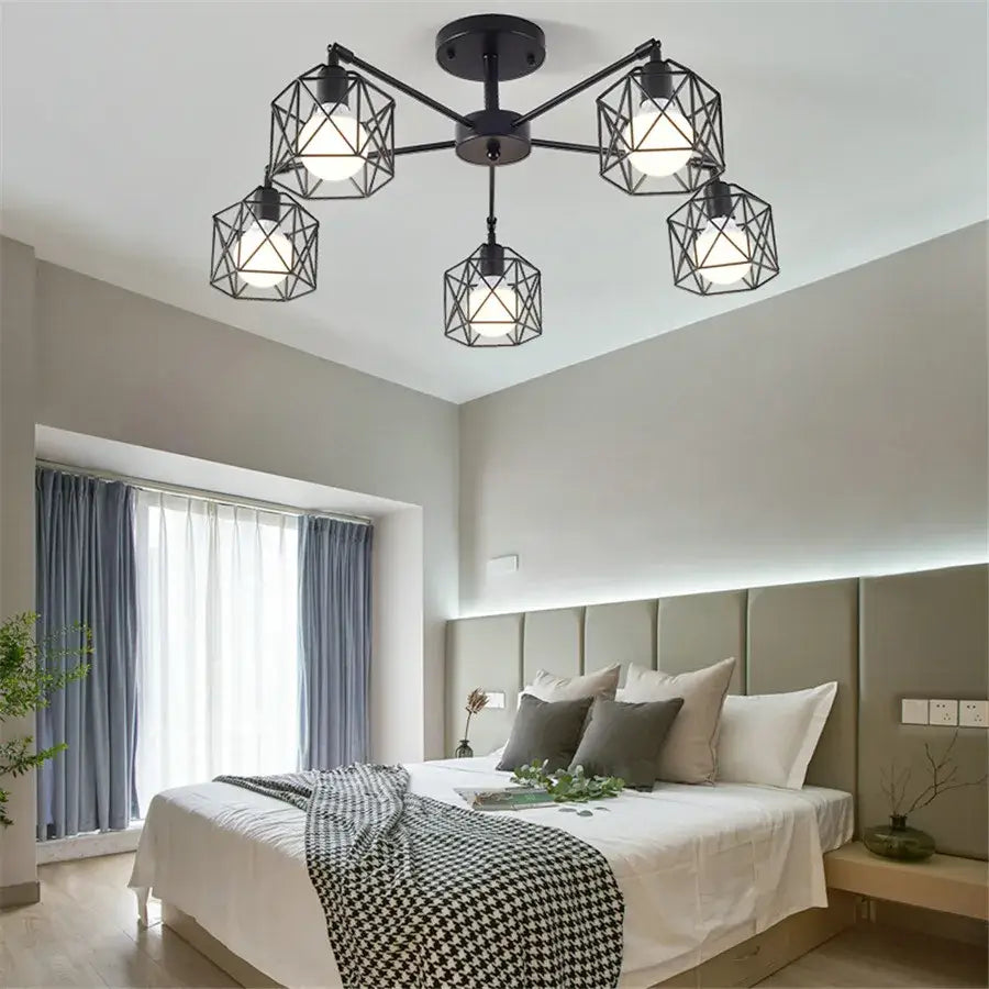 DecorBites™ Black Iron Cage Chandelier: Adjustable Spider Design Modern Ceiling Lamp