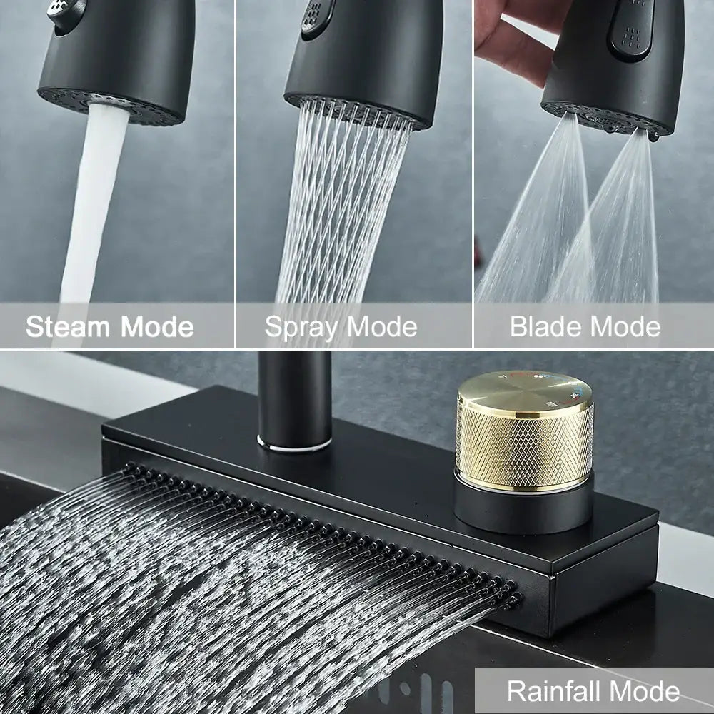DecorBites™ Black Kitchen Faucet 4 Function Brass Single Hole Mixer Deck Mounted