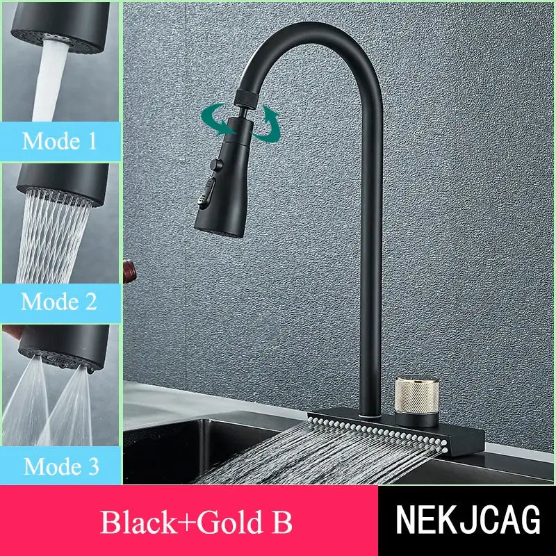 DecorBites™ Black Kitchen Faucet: Flexible Pull Out 3 Nozzle Mixer Tap