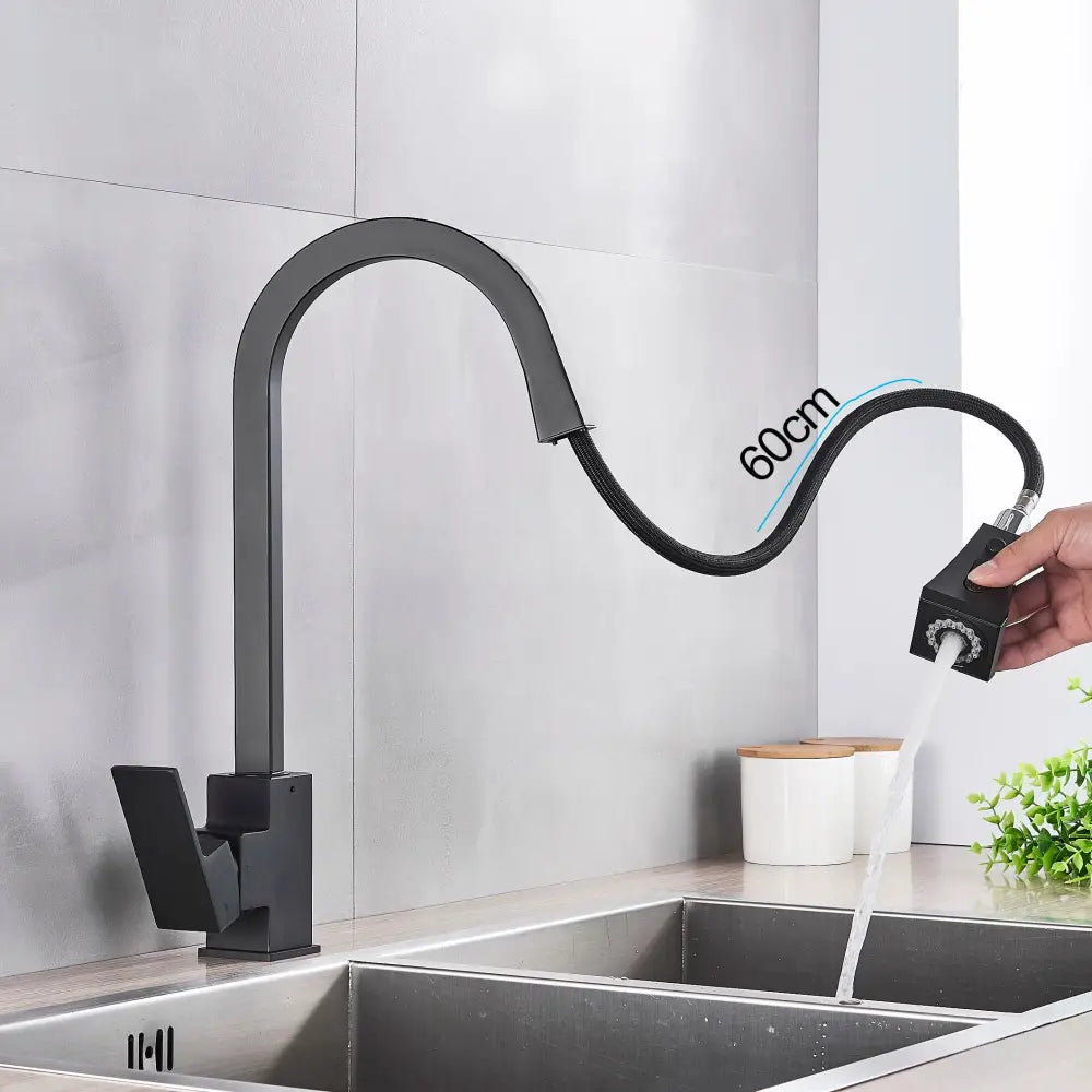 DecorBites™ Black Kitchen Faucet Pull Out Mixer Square Single Handle Deck Mounted Tap