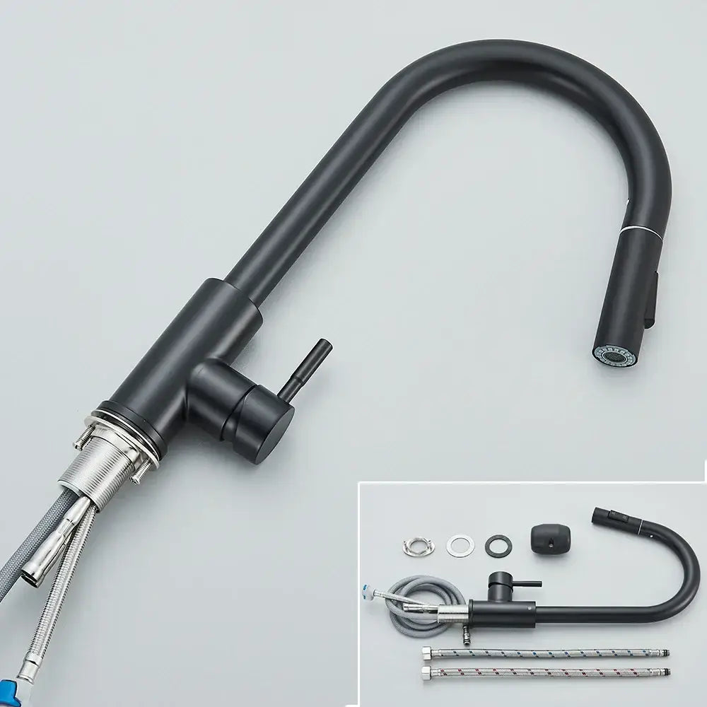 DecorBites™ Black Kitchen Faucet: Single Handle Pull Out Mixer, Two Function Hot and Cold Water Taps
