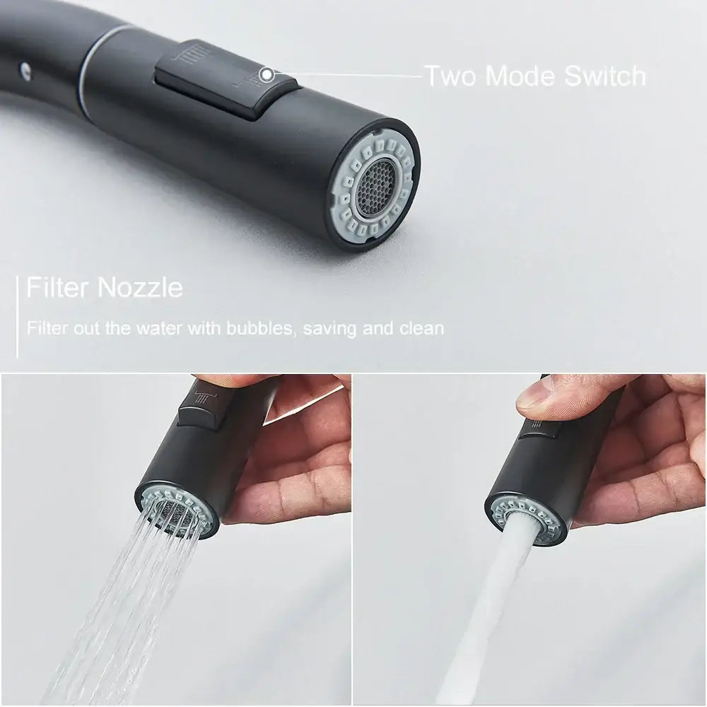 DecorBites™ Black Kitchen Faucet: Single Handle Pull Out Mixer, Two Function Hot and Cold Water Taps