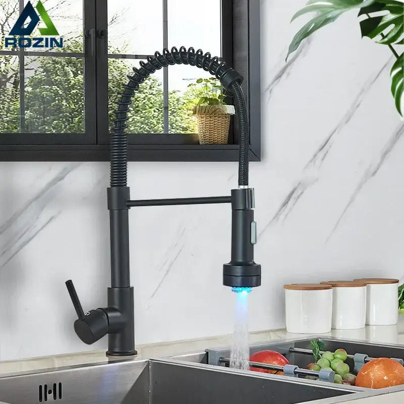 DecorBites™ Black LED Kitchen Faucet Pull Down Mixer Tap 360° Rotation Stream Sprayer