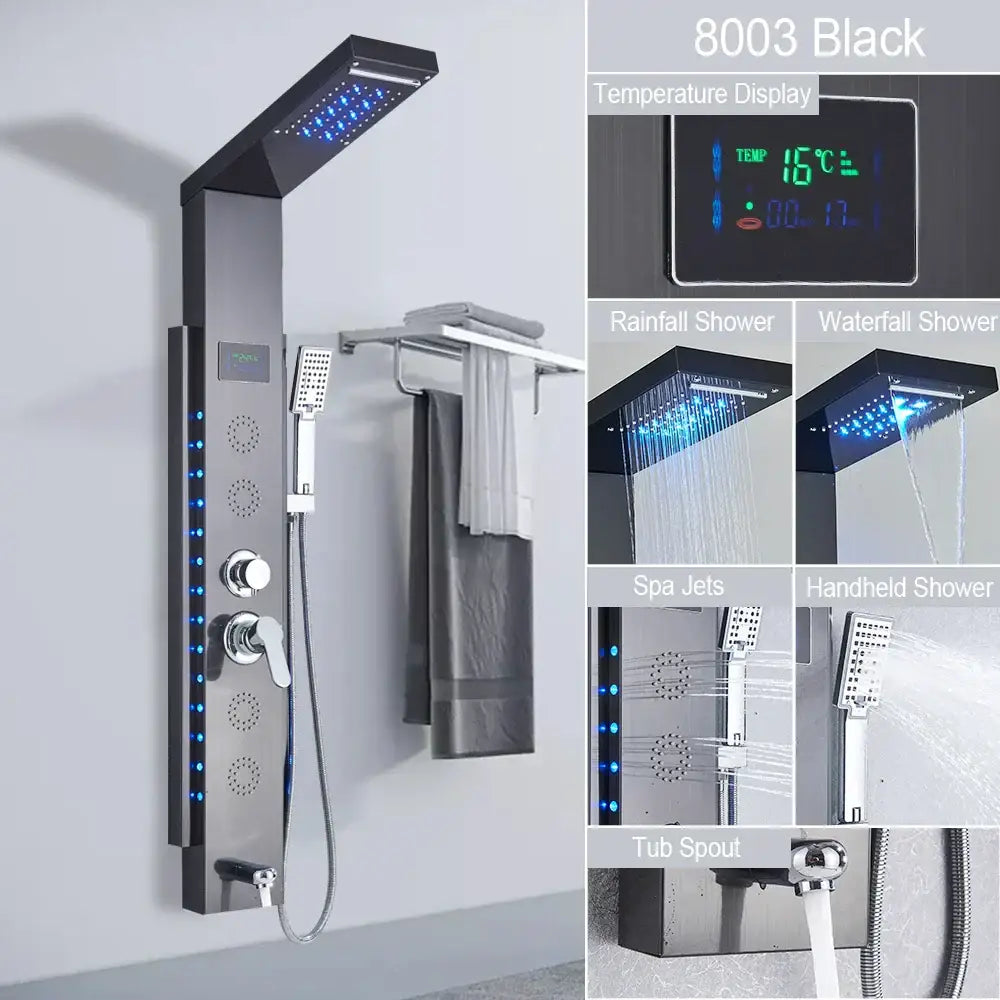DecorBites™ Black LED Shower Panel 5-Function Wall Mount Bathroom Faucet - Cold and Hot Shower