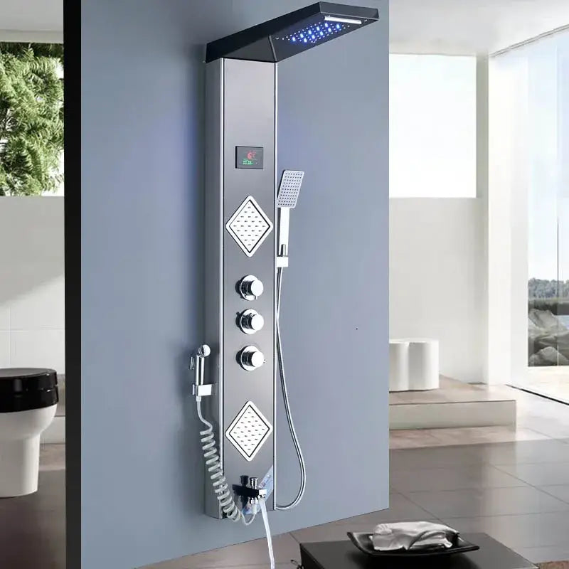 DecorBites™ Black LED Shower Panel Tower with Digital Screen and Thermostatic Mixer