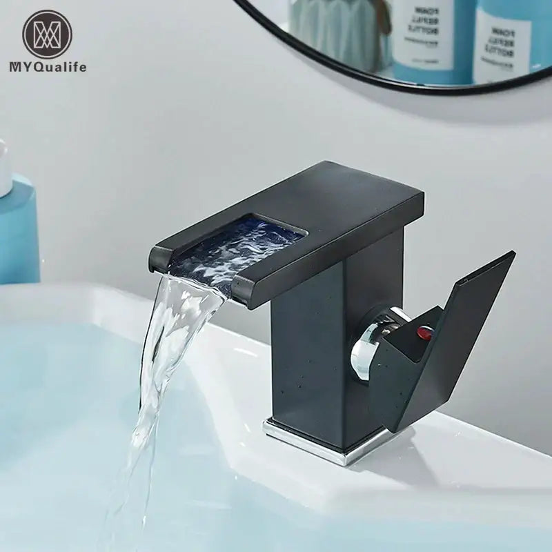 DecorBites™ Black LED Waterfall Bathroom Faucet, Deck Mounted, Three Color Change