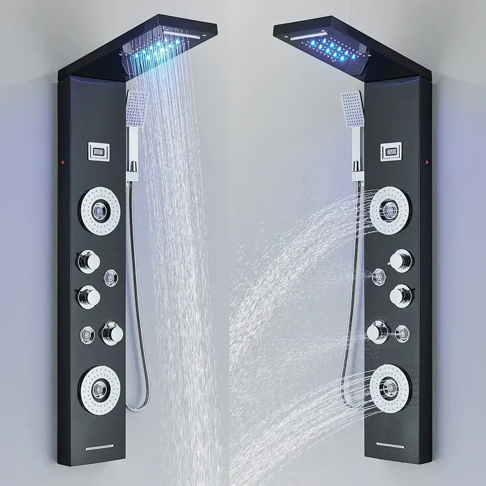 DecorBites™ Black LED Waterfall Rain Shower Panel Faucet Set with Massage Jets
