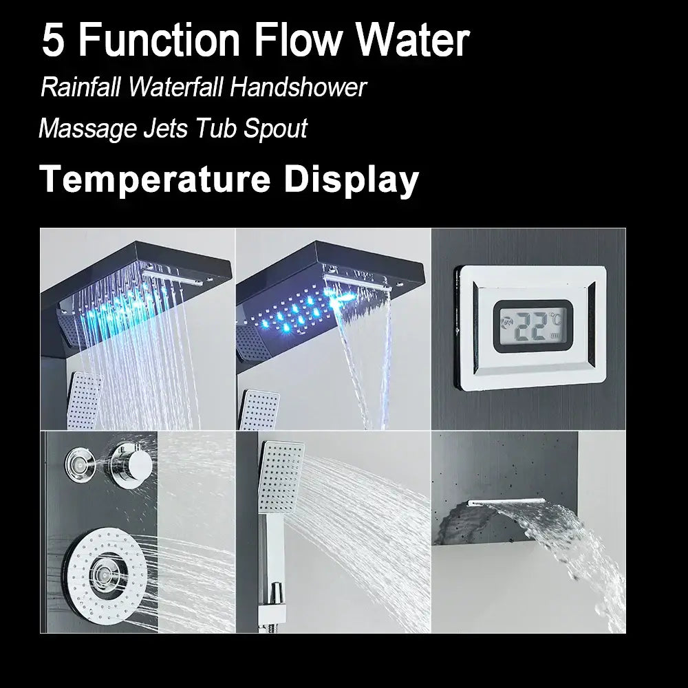 DecorBites™ Black LED Waterfall Rain Shower Panel Faucet Set with Massage Jets