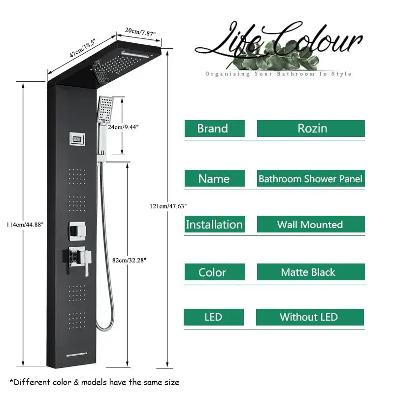 DecorBites™ Black Massage Jet Rainfall Shower Panel with Temperature Display 5 Modes
