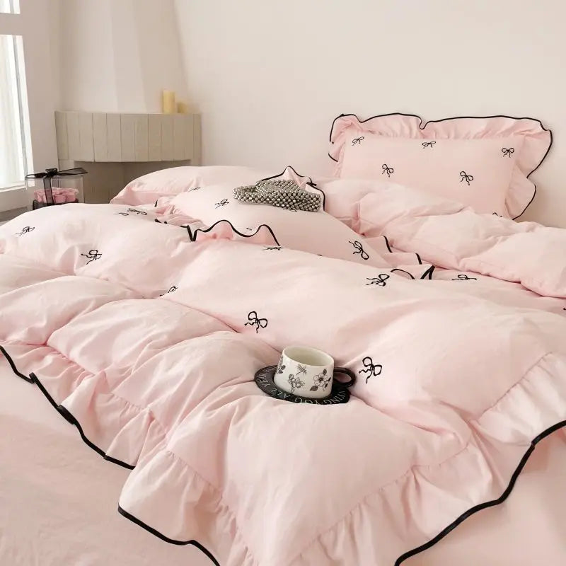 DecorBites™ Bow Embroidery Bedding Set with Ruffles