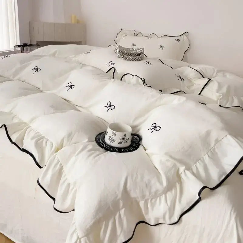 DecorBites™ Bow Embroidery Bedding Set with Ruffles