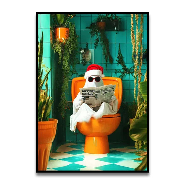 Pink parrot reading newspaper on toilet canvas wall art bathroom decor