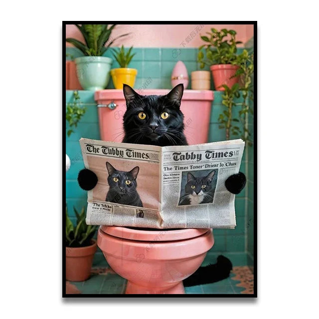 Pink parrot reading newspaper on toilet canvas wall art bathroom decor
