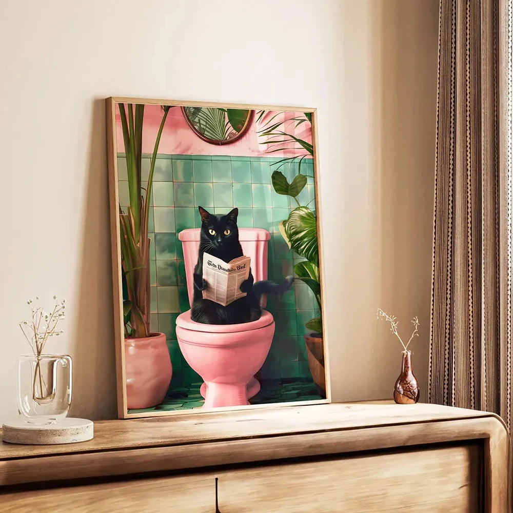 Pink parrot reading newspaper on toilet canvas wall art bathroom decor