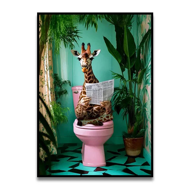 Pink parrot reading newspaper on toilet canvas wall art bathroom decor