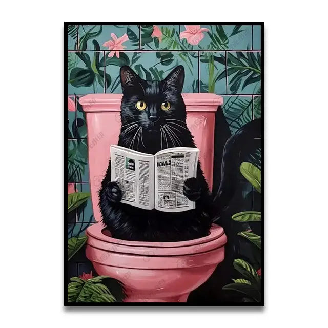 Pink parrot reading newspaper on toilet canvas wall art bathroom decor